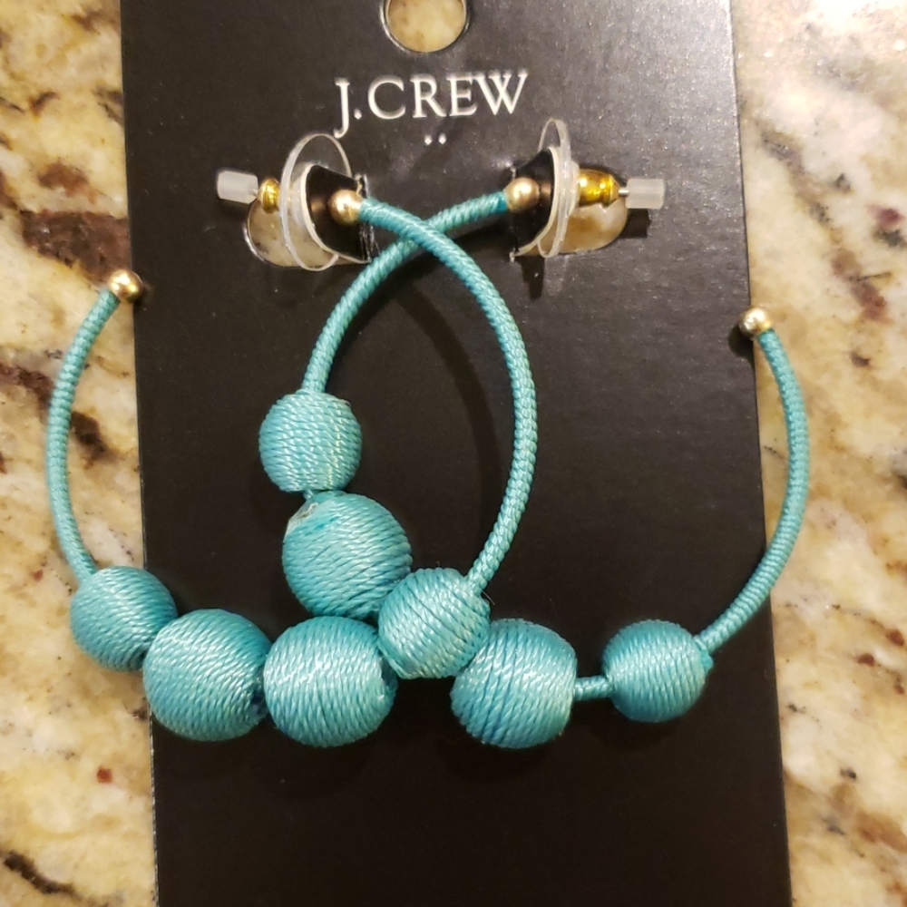 J. Crew Hoop Earrings Orb Thread NWT Blue Aqua - Picture 3 of 4